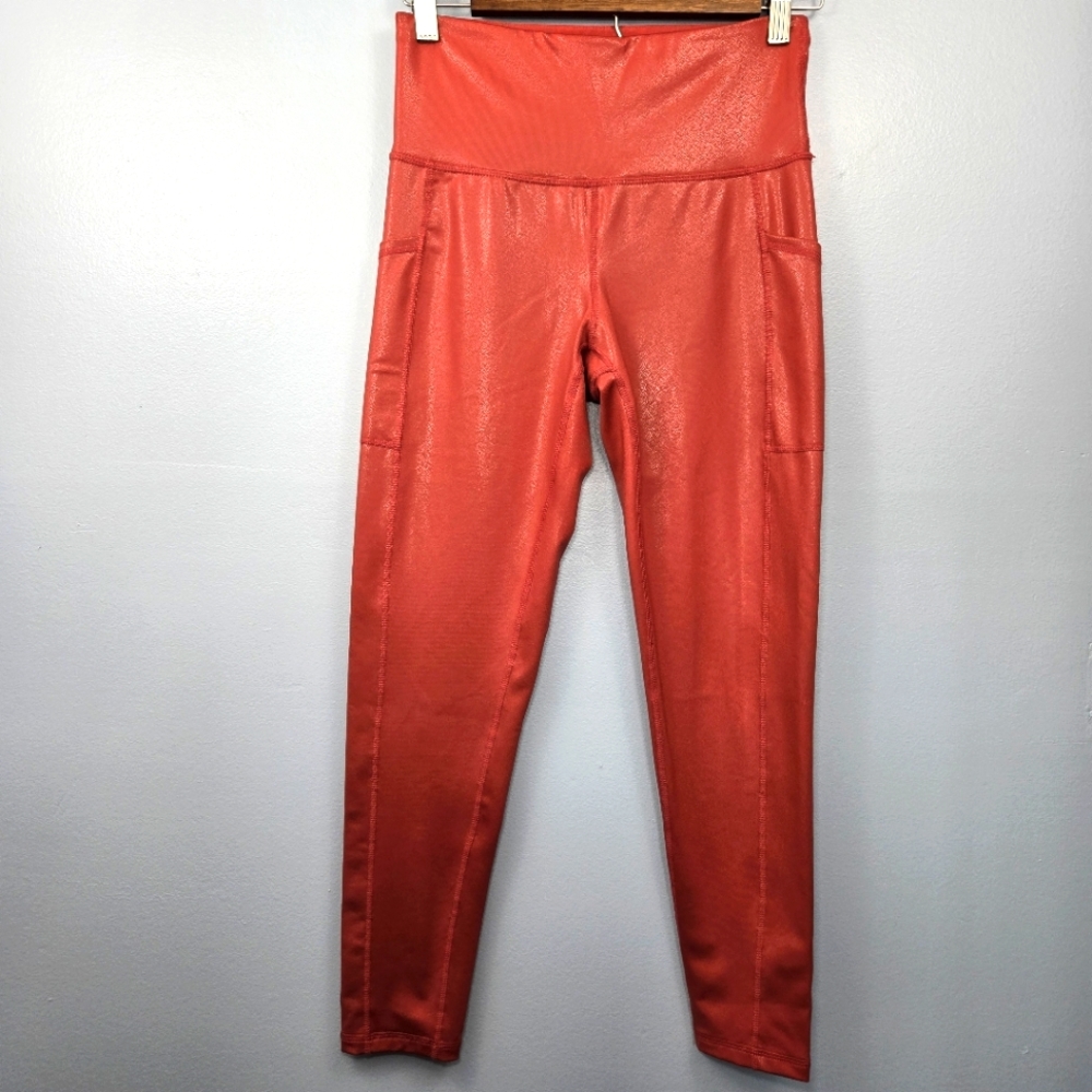 Ideology Womens Coral Shimmer High Waist Leggings Size Small Pockets‎